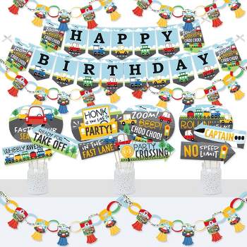 Big Dot of Happiness Cars, Trains, and Airplanes - Banner and Photo Booth Decorations - Transportation Birthday Party Supplies Kit - Doterrific Bundle