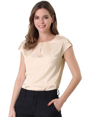Allegra K Women's Satin Cap Sleeve Pleated Casual Work Office Blouse
