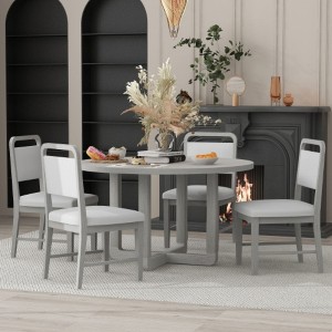 5-Piece Retro Dining Set, Round Table Top with Radial Wood Grain Design and 4 Upholstered Chairs for Dining Room and Kitchen (Antique Gray) - 1 of 4