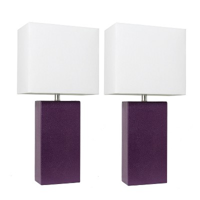 Eggplant Purple Leather Base Table Lamp Set with White Fabric Shade