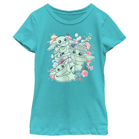 Girl's Star Wars: The Mandalorian Spring Cute Grogu Sunday Surprise T-Shirt  - Tahiti Blue - Large