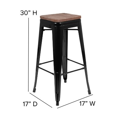Industrial Chic 30" Stackable Black Metal and Wood Bar Stool, Set of 4