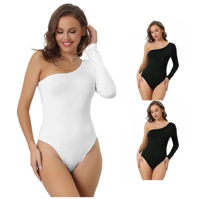 INSPIRE CHIC Women's One Shoulder Stretchy Long Sleeve One Piece Body Shaper 3 Packs