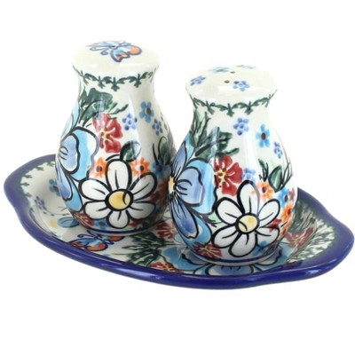 Blue Rose Polish Pottery Spring Morning Salt & Pepper Shakers with Tray