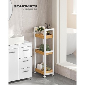 3-Tier Bamboo Rolling Cart with Adjustable Shelf, 11.8x31.5 Inch Slim Storage Organizer for Kitchen Bathroom, White and Natural - 1 of 4