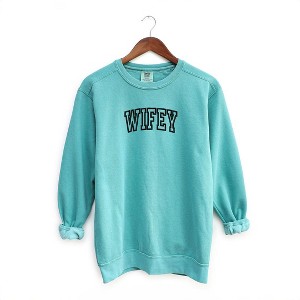 Simply Sage Market Women's  Garment Dyed Graphic Sweatshirt Embroidered Wifey Arched Varsity - 1 of 3