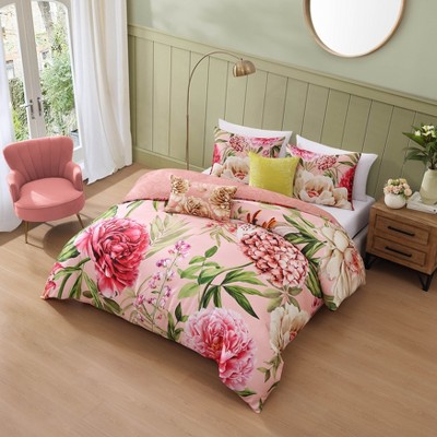 Queen Pink Cotton Reversible Floral Comforter Set