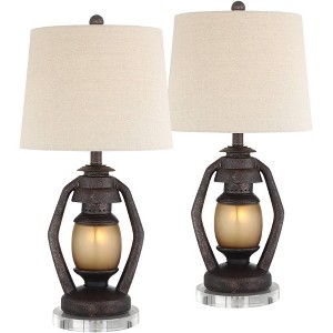Franklin Iron Works Horace Rustic Farmhouse Table Lamps Set of 2 with Round Risers 26 1/4" High Brown Nightlight Glass Drum Shade for Living Room Home - 1 of 4