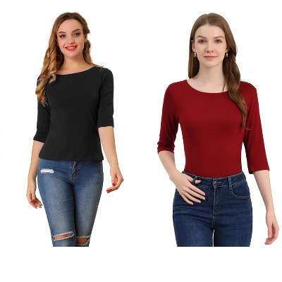 Allegra K Women's Classic Solid Elbow Sleeves Round Neck Slim Fit T-Shirts 2 Packs