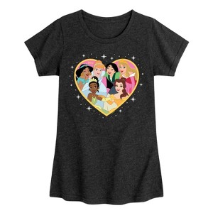 Girls' - Disney Princess - Tiana Jasmine Cinderella Rapunzel Bell Mulan Heart Fitted Short Sleeve Graphic T-Shirt - 1 of 4