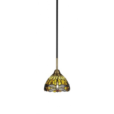 Toltec Lighting Paramount 1 - Light Pendant in  Matte Black/Brass with 7" Amber Dragonfly Art Glass Shade