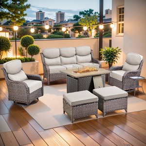 Gymojoy 7 Pieces Outdoor 6 Inch Sofa Swivel Chair Ottoman with Fire Pit Table - 1 of 4