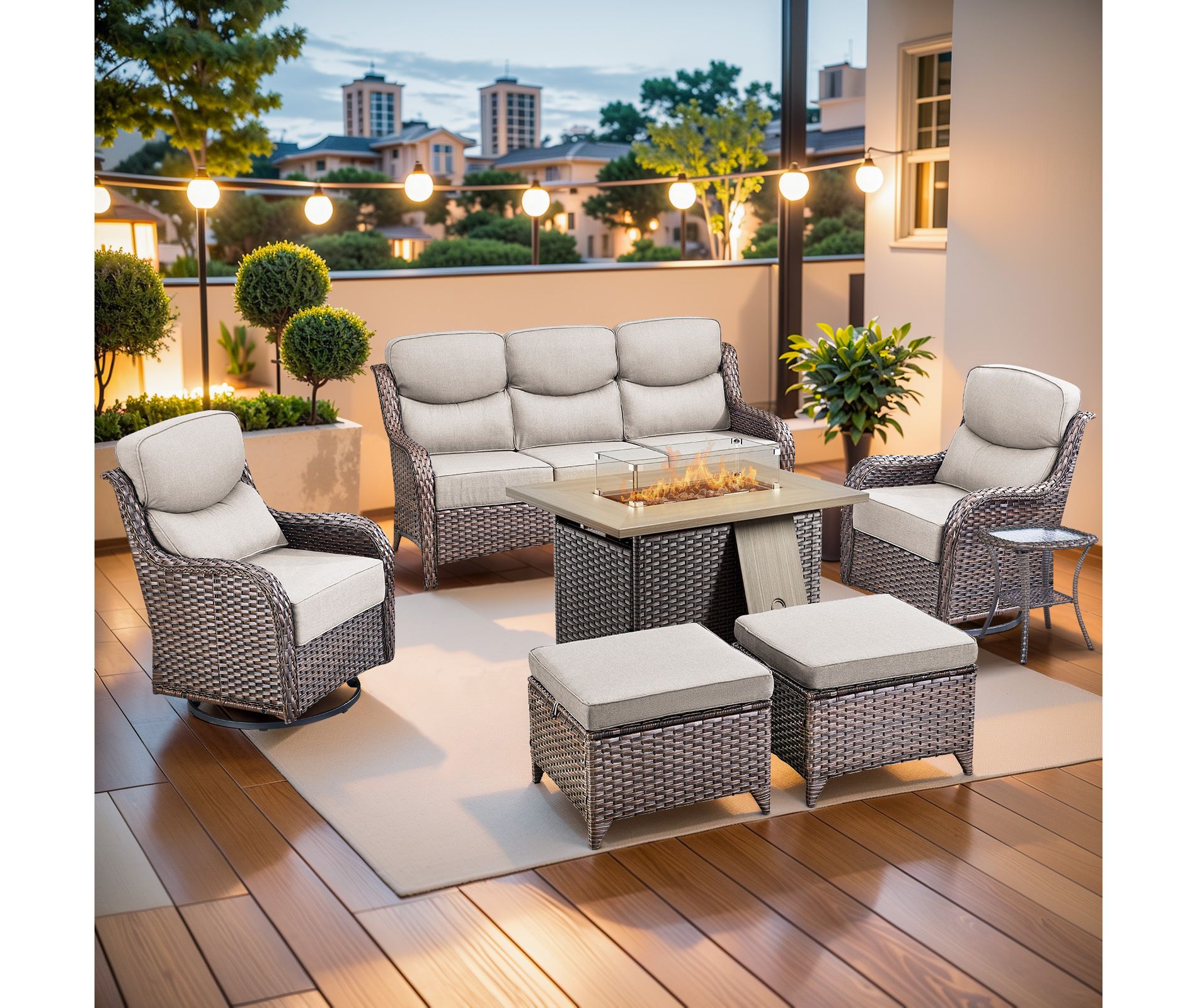 Gymojoy 7 Pieces Outdoor 6 Inch Sofa Swivel Chair Ottoman with Fire Pit Table