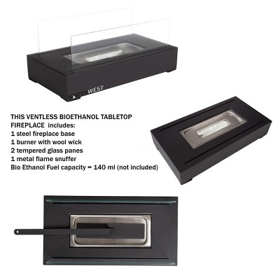 Black Rectangular Gel Fuel Tabletop Fireplace with Glass