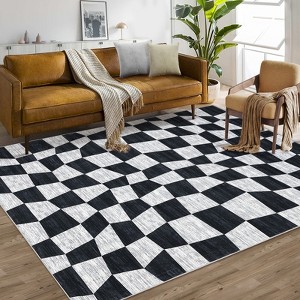 Washable Modern Checkered Area Rug | Stain Resistant Soft Geometric Throw Rug | Non-Slip Low Pile Accent Carpet for Living Room, Dining, Nursery - 1 of 4