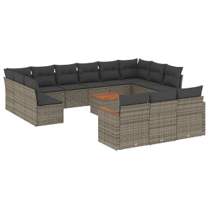 vidaXL 14 Piece Patio Sofa Set with Cushions Gray Poly Rattan - With Table - 1 of 4