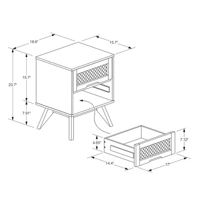 Walnut Brown Wood and Synthetic Rattan 2-Drawer Nightstand