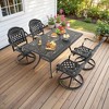 5-Piece Rectangle Cast Aluminum Outdoor Patio Dining Set with Swivel Chairs & Brown Cushions & Umbrella Hole - 2 of 4