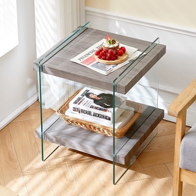 KTMBDW 17.72" Tempered Glass Small End Table, Mnimalist Square Side Table, Mid-Century Modern End Side Table for Living Room Bedroom Office