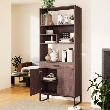 75.9"H Open Bookshelf, Tall Bookcase Free Standing Display Rack with Storage Drawer, Cabinet and LED Strip Lights, Walnut -ModernLuxe