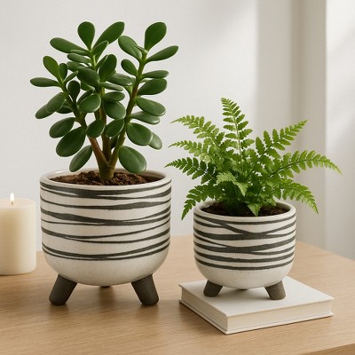 Sagebrook Home Set of Two 6"/8" Ceramic Abstract Design Footed Planters