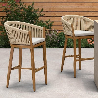 PURPLE LEAF Outdoor Bar Stools Set of 2 Patio Metal Modern Wicker Bar Chairs Woven Aluminum Barstools