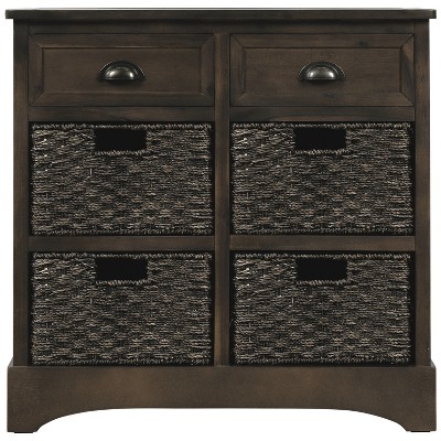 Chery Life Rustic Storage Cabinet with Two Drawers and Four Classic Rattan Basket for Dining Room, Living Room