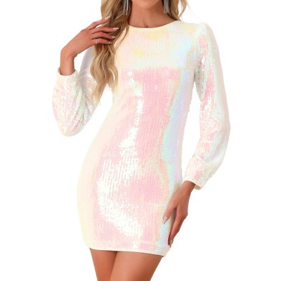 INSPIRE CHIC Women's Sequin Lantern Long Sleeve Sparkle Bodycon Party Club Mini Dress