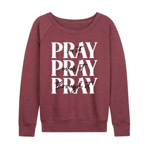 Women's - Instant Message - Pray On It, Pray Over It, Pray Through It Lightweight French Terry Wide Neck Long Sleeve Graphic Shirt - 1 of 4