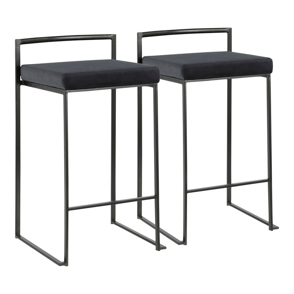 Set of 2 26" Fuji Contemporary Counter Height Barstools Velvet Black - LumiSource: Metal Frame, Stackable, Padded