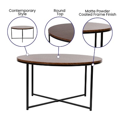 Walnut Finish Round Coffee Table with Matte Black Metal Frame