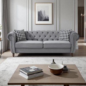 87" Chesterfield Velvet 3-Seater Sofa with Roll Arm & Nailhead, Mid-Century Modern - 1 of 4