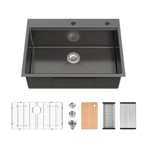 Cobbe Black 30" Multifunctional Drop-in Workstation Kitchen Sink, Stainless Steel Modern Single Bowl Kitchen Sink with Accessories - 1 of 4