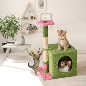 Modern Multicoloured Soft Plush Cat Tree Pet Tower with Floral Shape, Cat Condo and Soft Ball - 1 of 4