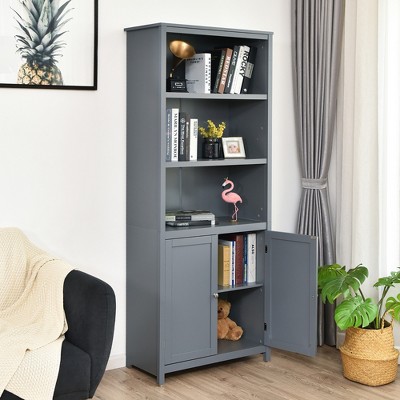 Gray Adjustable MDF Bookcase with Doors and Shelves