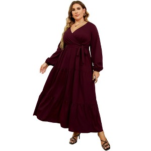 V Neck Maxi Wrap Dress for Plus Size Women Long Sleeves High Waist Ruffle Casual Belt Dress - 1 of 4