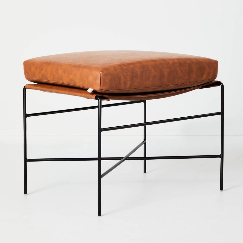 Photos - Pouffe / Bench Faux Leather & Metal Ottoman - Black/Brown - Hearth & Hand™ with Magnolia