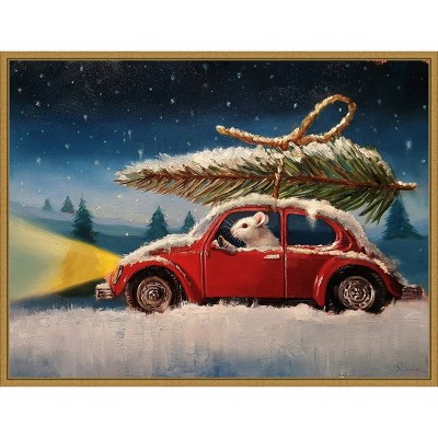 24" x 18" Mouse with Christmas Tree by Lucia Heffernan Framed Canvas Wall Art - Amanti Art