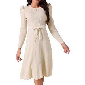 Seta T Women's Puff Long Sleeve Crewneck Tie Waist A-Line Ribbed Knit Midi Sweater Dress - 1 of 4