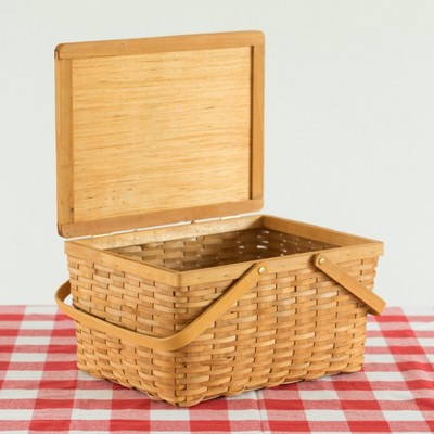 Large Natural Woodchip Picnic Basket with Movable Handles and Lid