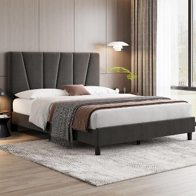 Queen Size Platform Bed Frame, Linen Upholstered Bed Frame with Headboard, Modern Mattress Foundation with Wooden Slats Supports for Queen Bed, No