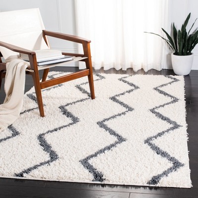 Ivory and Dark Grey Rectangular Synthetic Shag Rug 5'3"x7'6"
