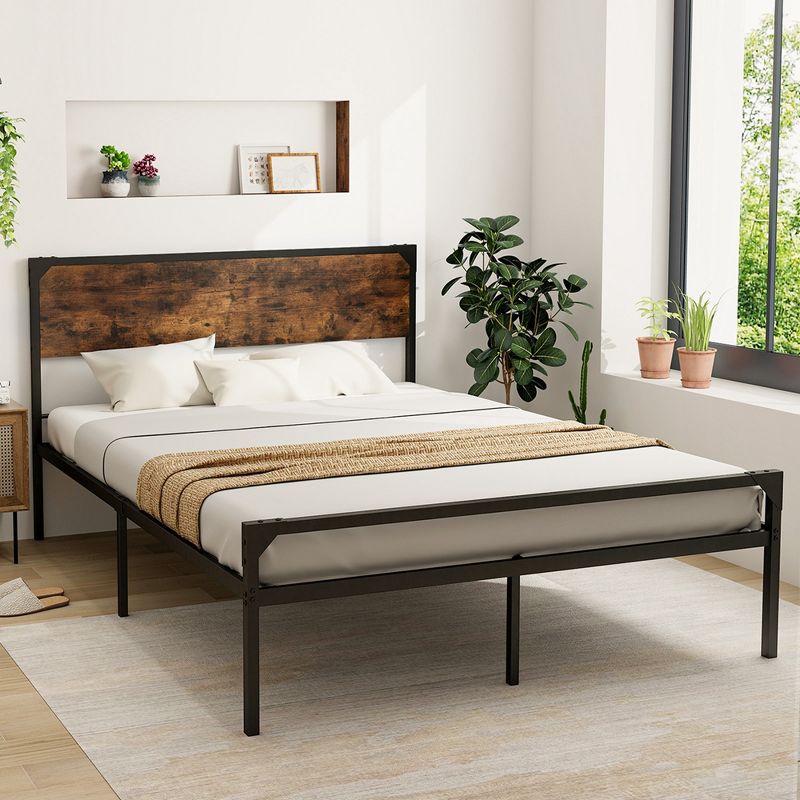 Costway Platform Full/Queen Bed with Rustic Headboard & Footboard Strong Metal Slat Support, 2 of 11