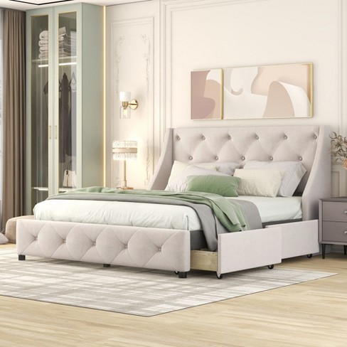 URTR Beige Wood Frame Upholstered Queen Size Platform Bed Frame with  Wingback Headboard and 4 Drawers,Linen Queen Storage Bed T-02108-A - The  Home Depot