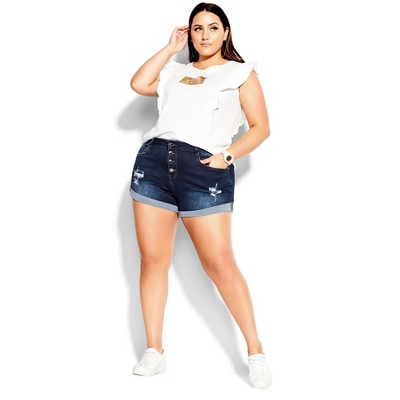 Women's Plus Size Denim Distressed Detail Cuff Short - dark denim | CITY CHIC