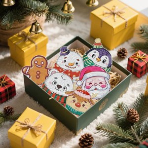 Christmas Rhinestones Art Coasters 6 Pack with Holder, 5D Full Drill DIY Snowman Gingerbread Man Penguin Santa Pattern, Non-Slip Acrylic Cup Mat Gift - 1 of 4