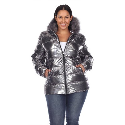 Silver Metallic Hooded Faux Fur-Trimmed Puffer Coat