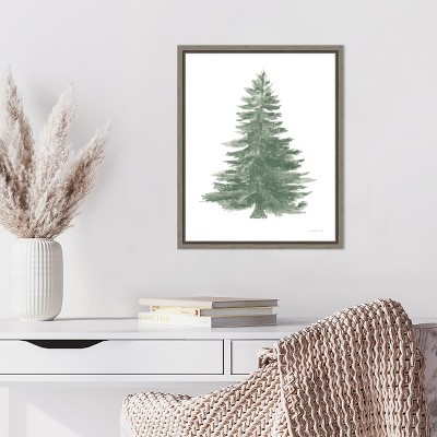Holiday Tree Green and White Canvas Print with Gray Frame