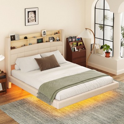 NicBex Full/Queen Upholstered Floating Bed Frame with Storage Headboard,Wood Platform Bed Frame with LED Light,Charging Station,No Box Spring Needed