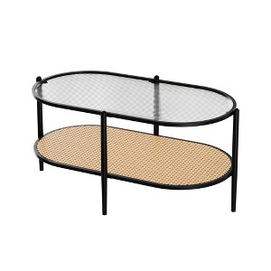 37" Oval Coffee Table - 2 Tier Rattan End Table with Storage Shelves, Modern Circular End Table with Water-Wave Glass Top and Metal Frame - 1 of 4